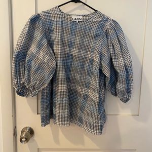 Ganni light blue geometric plaid blouse
